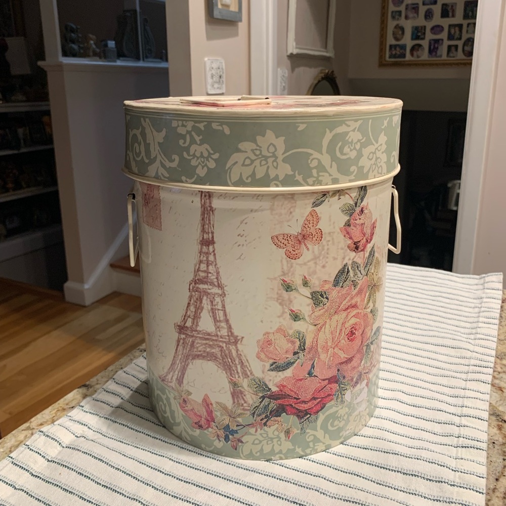 shabby chic metal storage bin with Eiffel Tower Floral Parisian Design